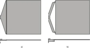 Fig. 14. Plate with 1.2 mm thickness a) with a fan gate design b) with a double gate design Fig. 14. Plate with 1.2 mm thickness a) with a fan gate design b) with a double gate design