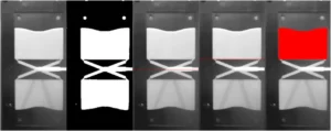 Fig. 2. The steps of image processing (from left to right) transformation to binary image, sprue recognition, gate detection, noise filtering Fig. 2. The steps of image processing (from left to right) transformation to binary image, sprue recognition, gate detection, noise filtering