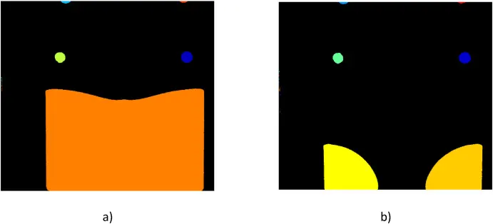 Fig. 5. a) The differently labeled areas in the binarized image b) The differently labeled areas with two separate parts of the product at the bottom Fig. 5. a) The differently labeled areas in the binarized image b) The differently labeled areas with two separate parts of the product at the bottom