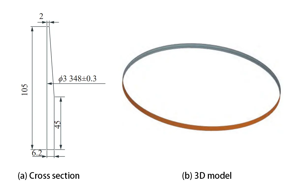 Figure 1. Simplified cross section and 3D model of a large thin walled ring shaped part